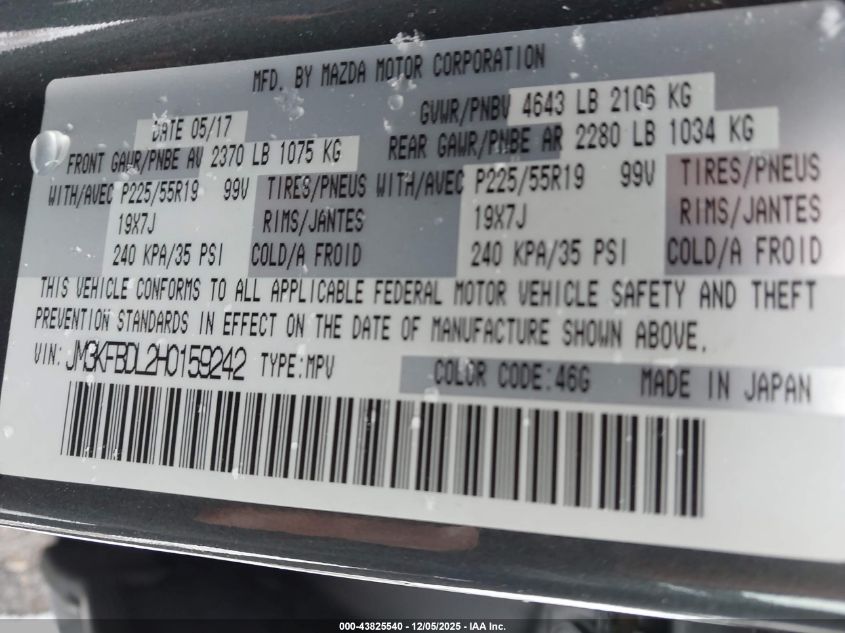 2017 Mazda Cx-5 Grand Touring VIN: JM3KFBDL2H0159242 Lot: 43825540