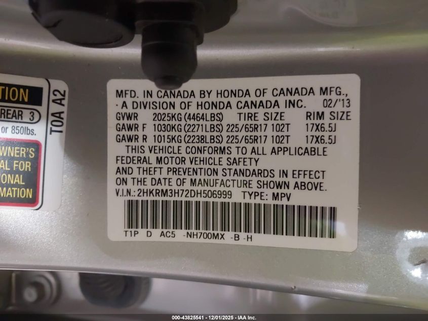 2013 Honda Cr-V Ex-L VIN: 2HKRM3H72DH506999 Lot: 43825541