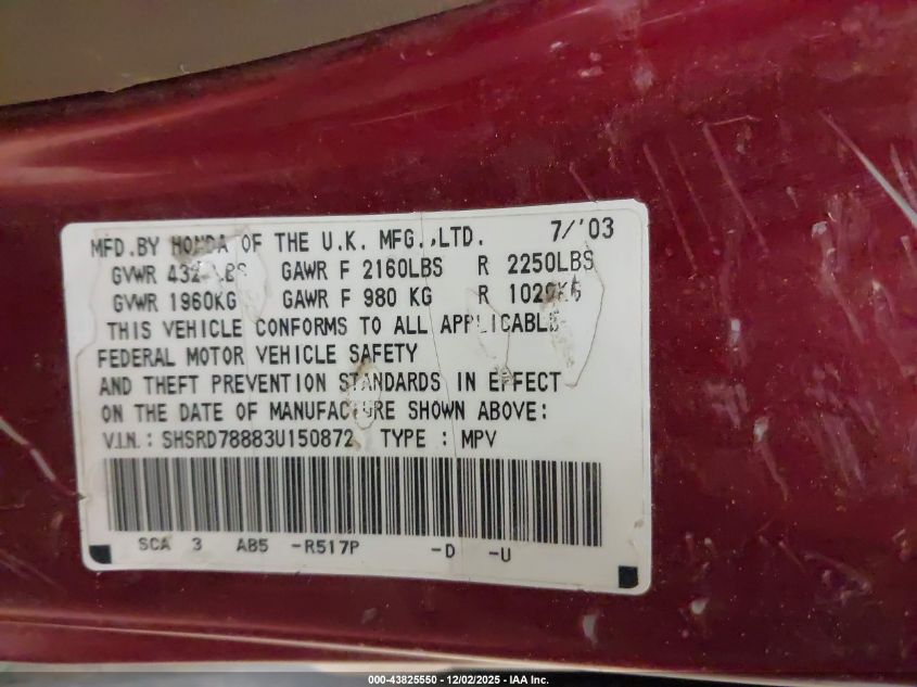 2003 Honda Cr-V Ex VIN: SHSRD78883U150872 Lot: 43825550