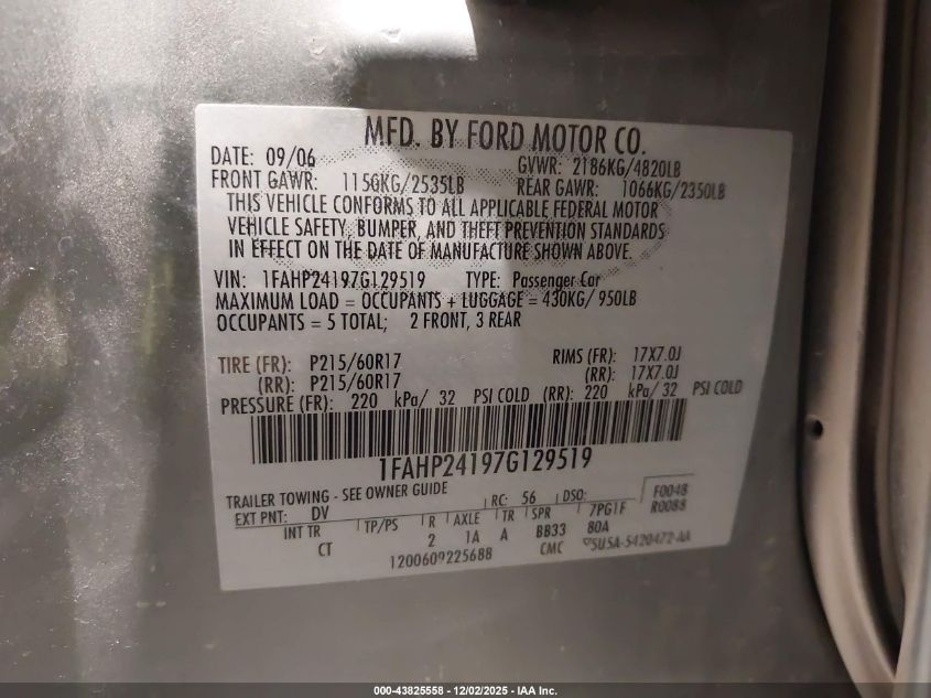 2007 Ford Five Hundred Sel VIN: 1FAHP24197G129519 Lot: 43825558