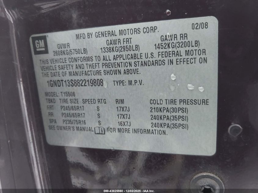 2008 Chevrolet Trailblazer Lt VIN: 1GNDT13S882219808 Lot: 43825560