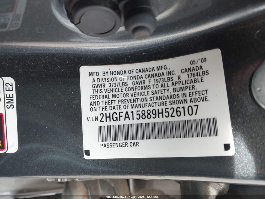 2009 Honda Civic Ex VIN: 2HGFA15889H526107 Lot: 43825574
