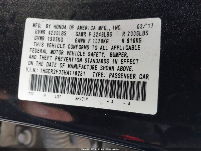 2017 Honda Accord Lx VIN: 1HGCR2F36HA179281 Lot: 43825578