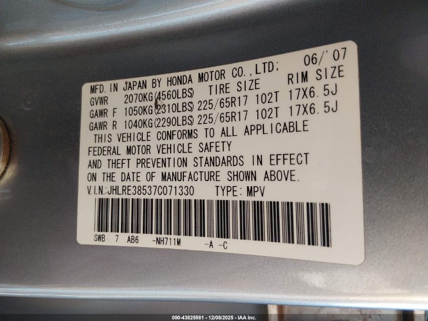 2007 Honda Cr-V Ex VIN: JHLRE38537C071330 Lot: 43825581