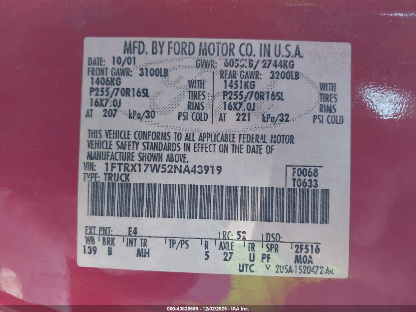 2002 Ford F-150 Lariat/Xl/Xlt VIN: 1FTRX17W52NA43919 Lot: 43825589