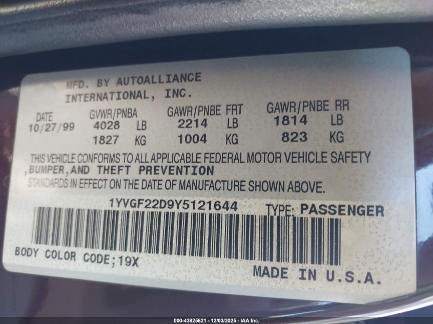 2000 Mazda 626 Es V6/Lx V6 VIN: 1YVGF22D9Y5121644 Lot: 43825621