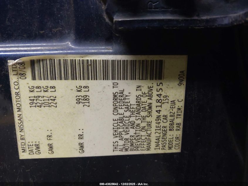 2009 Nissan Altima 2.5 S VIN: 1N4AL21E49N418455 Lot: 43825642