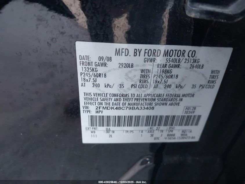 2009 Ford Edge Sel VIN: 2FMDK48C79BA33408 Lot: 43825646