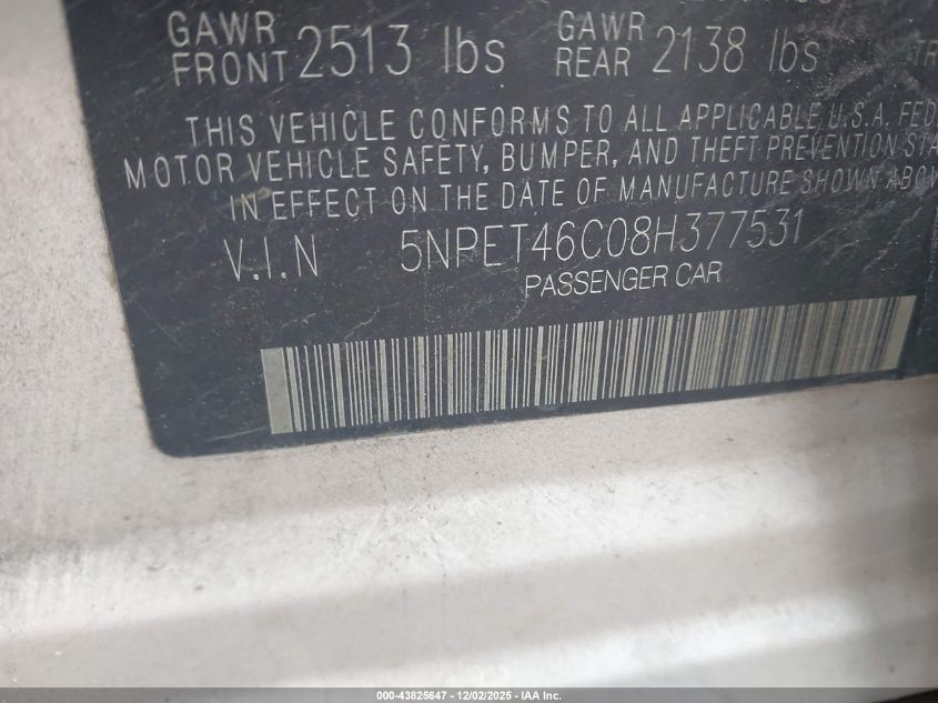 2008 Hyundai Sonata Gls VIN: 5NPET46C08H377531 Lot: 43825647