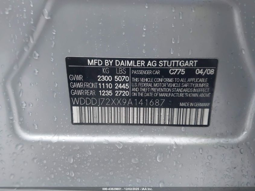 2009 Mercedes-Benz Cls 550 VIN: WDDDJ72XX9A141687 Lot: 43825651