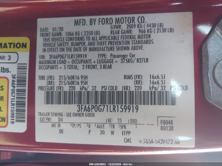 2020 Ford Fusion S VIN: 3FA6P0G71LR159919 Lot: 43825653