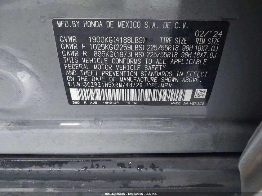 2024 Honda Hr-V 2Wd Sport/2Wd Sport W/O Bsi VIN: 3CZRZ1H5XRM748729 Lot: 43825685