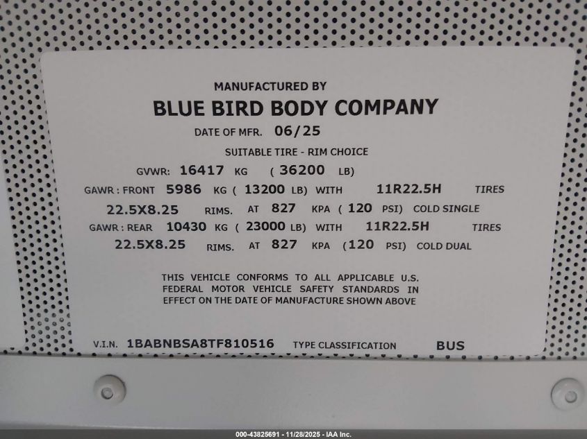 2026 Blue Bird School Bus / Transit Bus VIN: 1BABNBSA8TF810516 Lot: 43825691