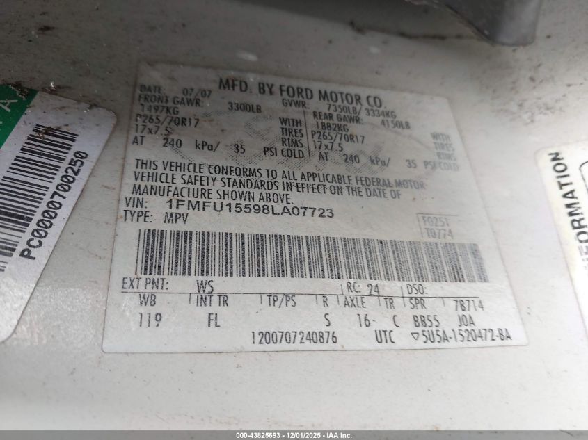 2008 Ford Expedition Xlt VIN: 1FMFU15598LA07723 Lot: 43825693