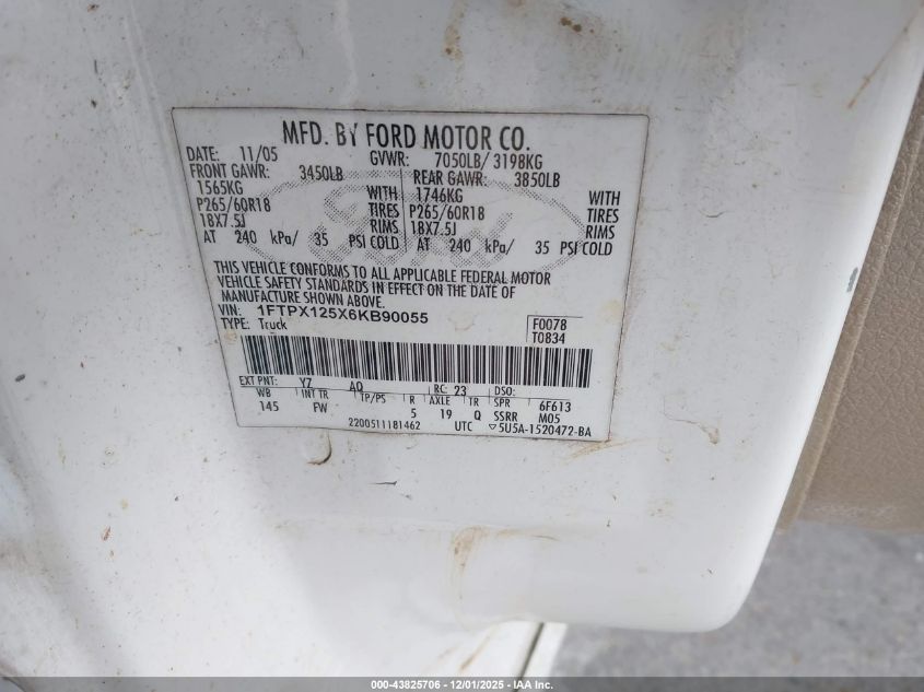 2006 Ford F-150 Lariat/Xl/Xlt VIN: 1FTPX125X6KB90055 Lot: 43825706