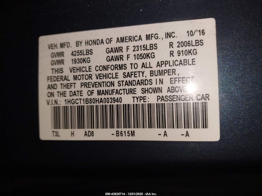 2017 Honda Accord Ex-L VIN: 1HGCT1B80HA003940 Lot: 43825714