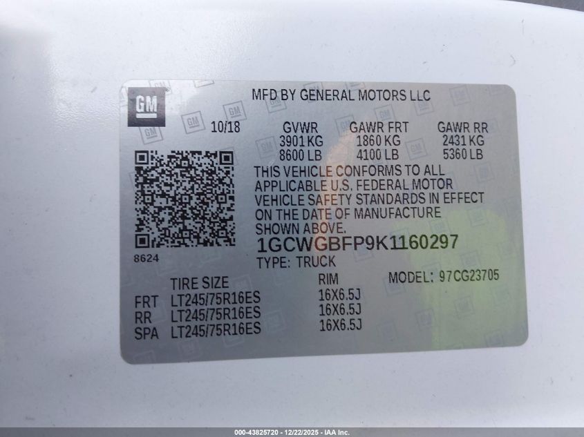 2019 Chevrolet Express 2500 Work Van VIN: 1GCWGBFP9K1160297 Lot: 43825720