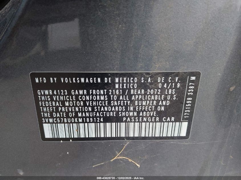 2019 Volkswagen Jetta 1.4T R-Line/1.4T S/1.4T Se VIN: 3VWC57BU0KM189124 Lot: 43825735