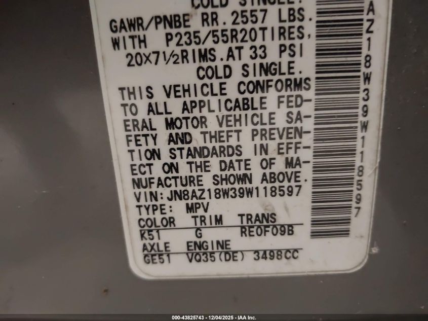 2009 Nissan Murano Le VIN: JN8AZ18W39W118597 Lot: 43825743