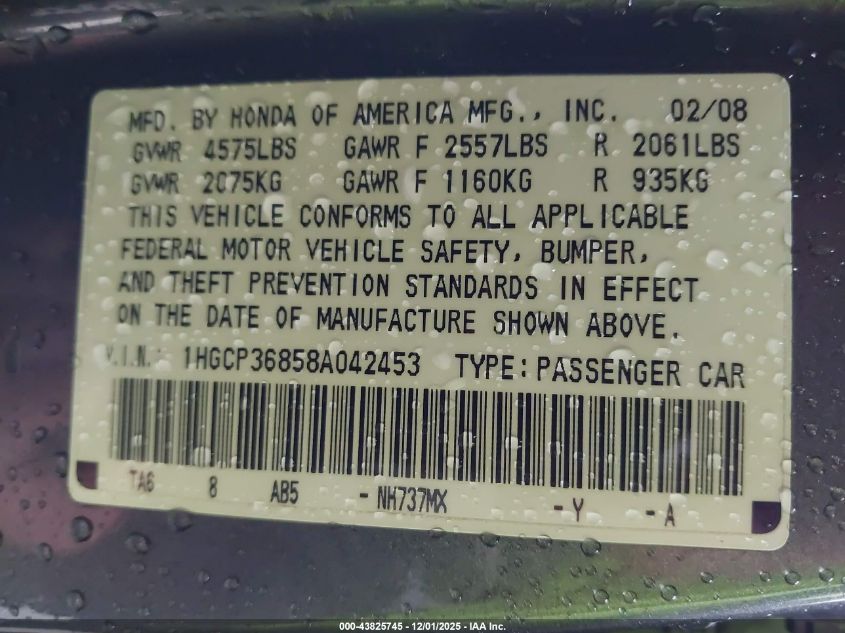 2008 Honda Accord VIN: 1HGCT36858A042453 Lot: 43825745