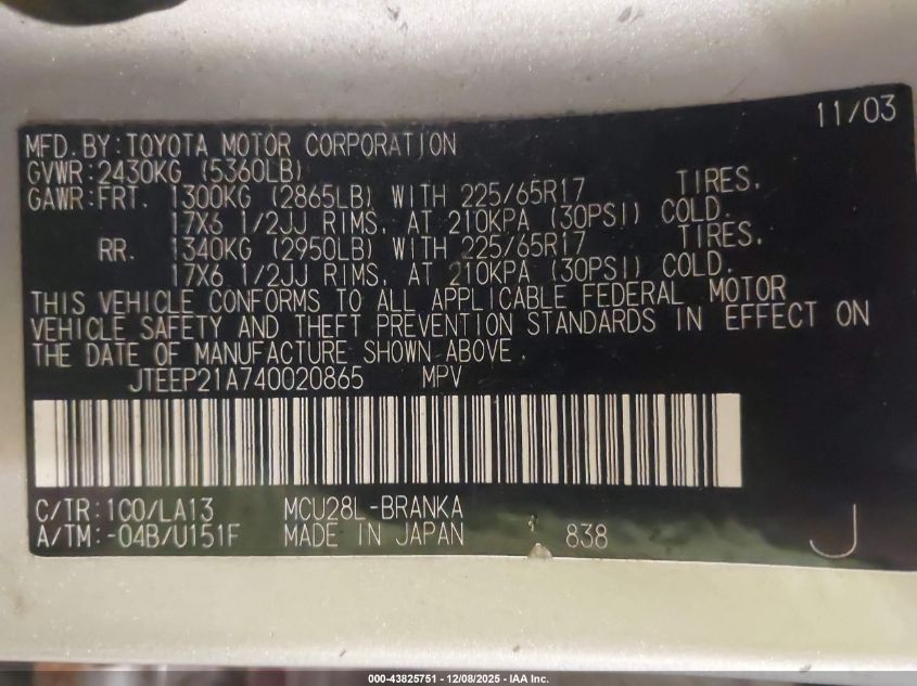 2004 Toyota Highlander Limited V6 VIN: JTEEP21A740020865 Lot: 43825751