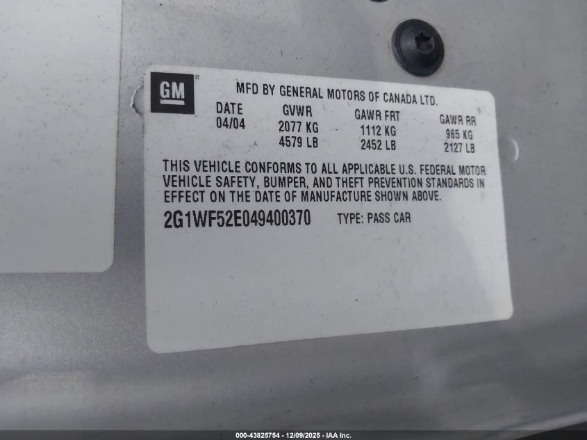 2004 Chevrolet Impala VIN: 2G1WF52E049400370 Lot: 43825754