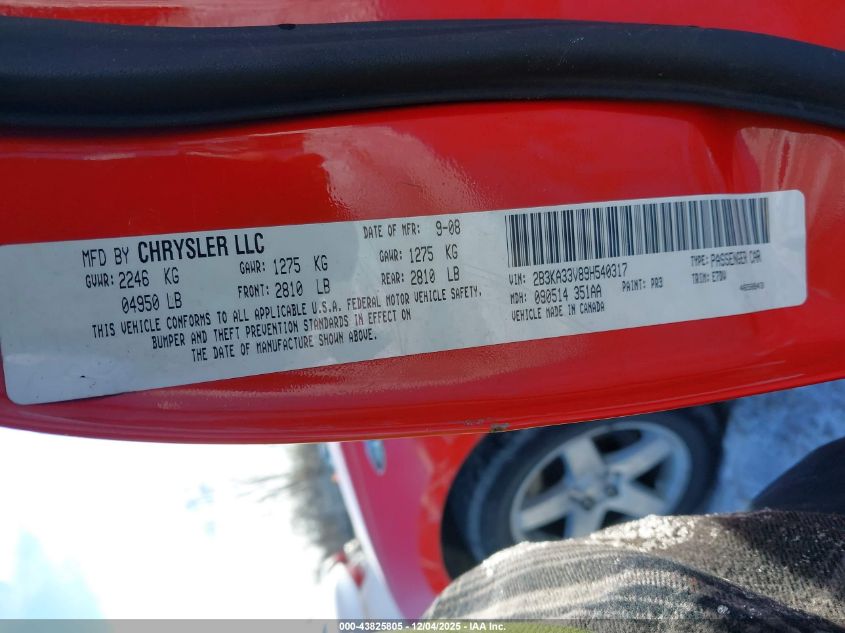 2009 Dodge Charger Sxt VIN: 2B3KA33V89H540317 Lot: 43825805