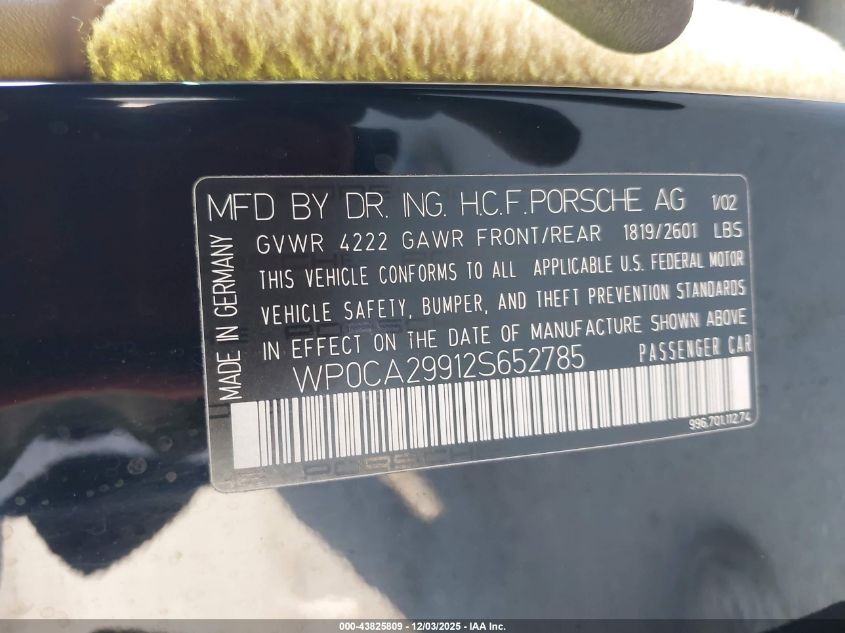 2002 Porsche 911 Carrera/Carrera 4 VIN: WP0CA29912S652785 Lot: 43825809