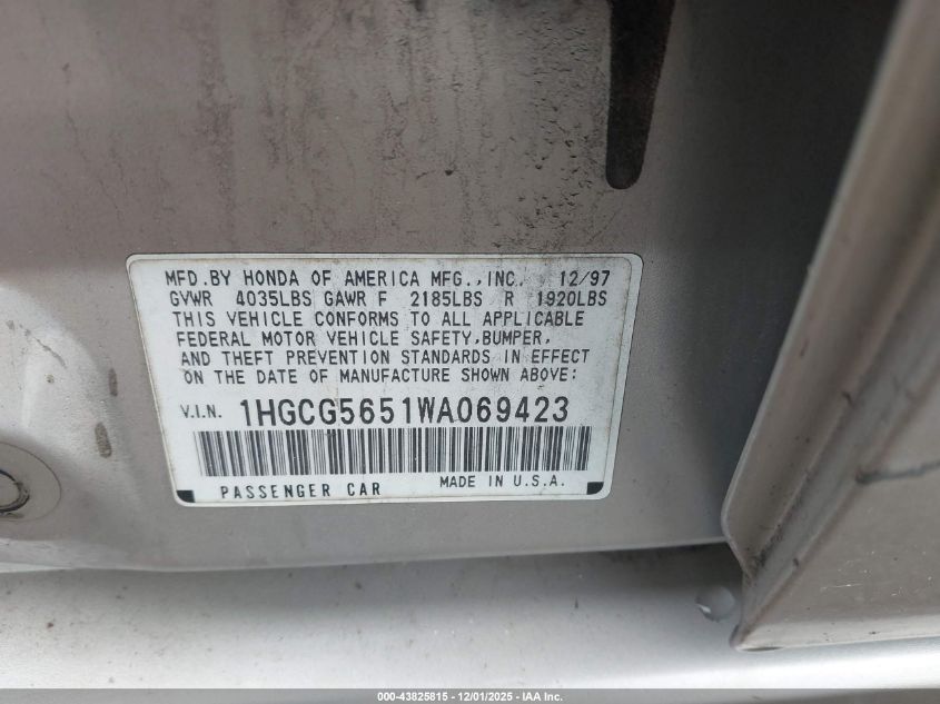 1998 Honda Accord Ex VIN: 1HGCG5651WA069423 Lot: 43825815