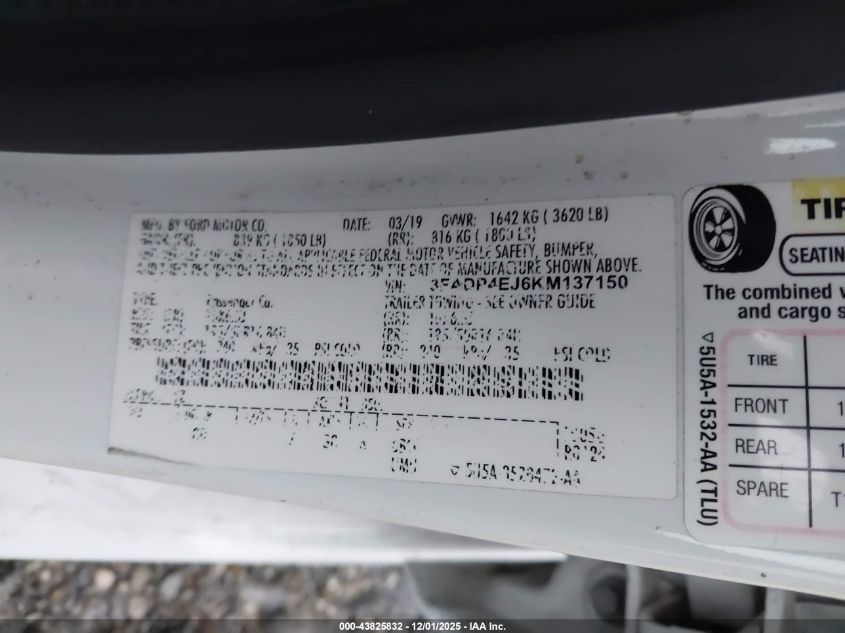 2019 Ford Fiesta Se VIN: 3FADP4EJ6KM137150 Lot: 43825832