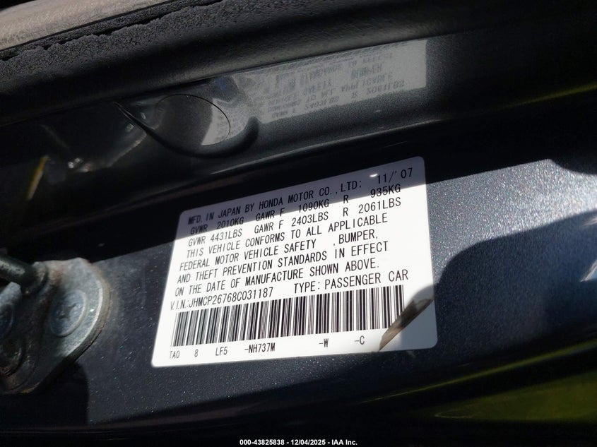 JHMCP26768C031187 2008 HONDA ACCORD photo no. 9