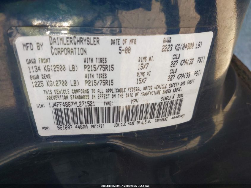 2000 Jeep Cherokee Sport VIN: 1J4FF48S7YL271521 Lot: 43825839