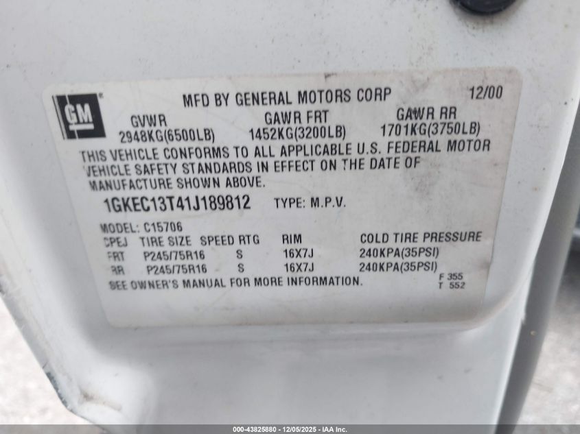 2001 GMC Yukon Slt VIN: 1GKEC13T41J189812 Lot: 43825880