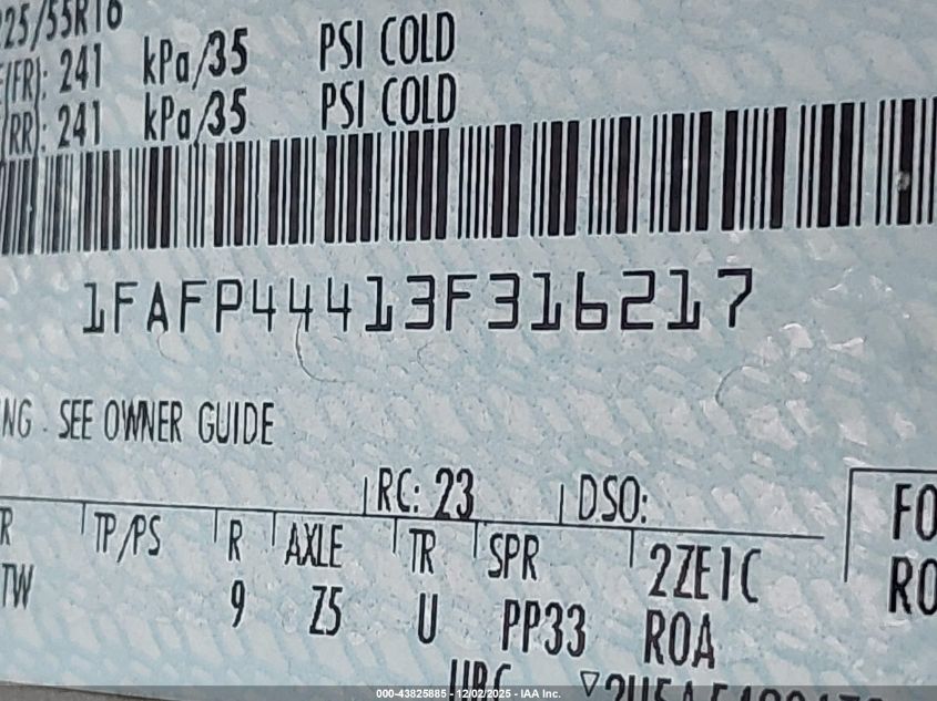 2003 Ford Mustang VIN: 1FAFP44413F316217 Lot: 43825885