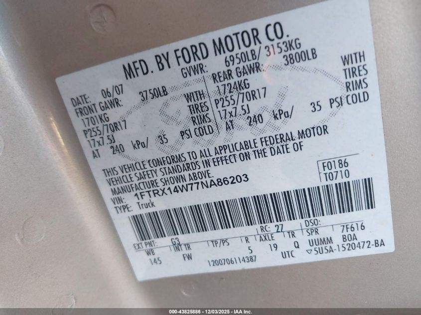 2007 Ford F-150 Fx4/Stx/Xl/Xlt VIN: 1FTRX14W77NA86203 Lot: 43825886