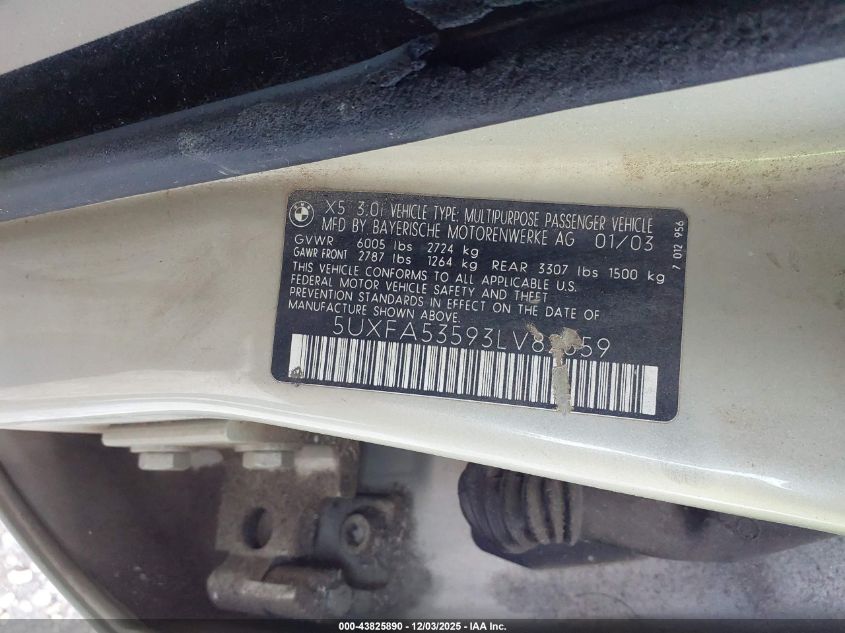 2003 BMW X5 3.0I VIN: 5UXFA53593LV82659 Lot: 43825890