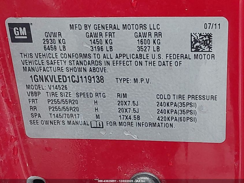 2012 Chevrolet Traverse Ltz VIN: 1GNKVLED1CJ119138 Lot: 43825891