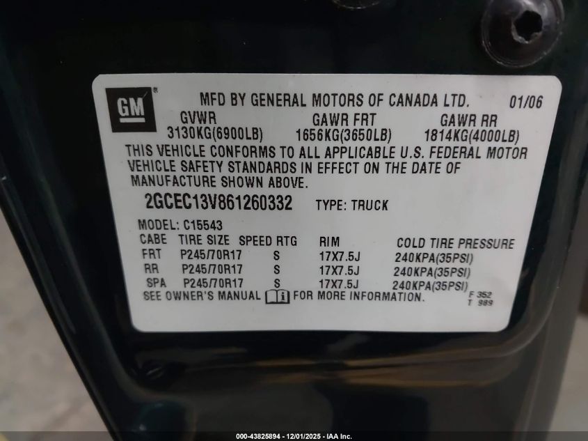2006 Chevrolet Silverado 1500 Ls VIN: 2GCEC13V861260332 Lot: 43825894