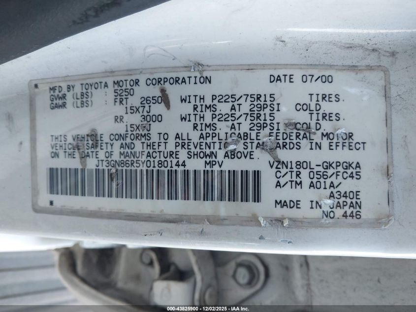 2000 Toyota 4Runner Sr5 V6 VIN: JT3GN86R5Y0180144 Lot: 43825900