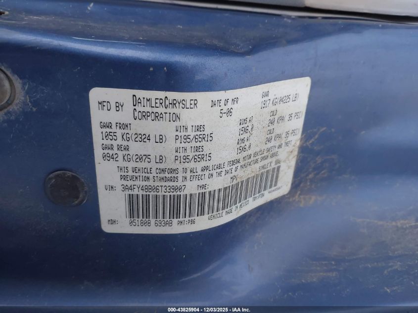2006 Chrysler Pt Cruiser VIN: 3A4FY48B06T339007 Lot: 43825904