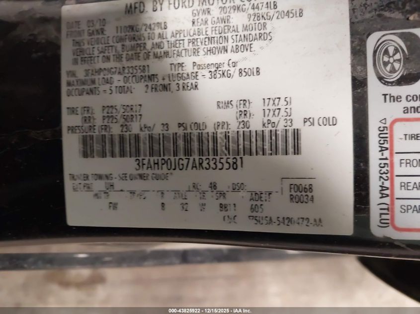 2010 Ford Fusion Sel VIN: 3FAHP0JG7AR335581 Lot: 43825922