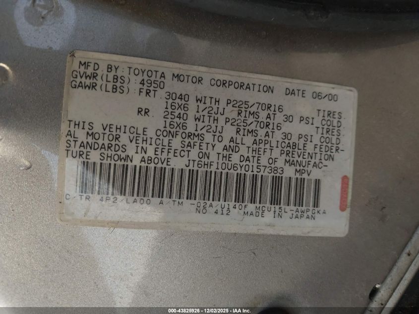 2000 Lexus Rx 300 VIN: JT6HF10U6Y0157383 Lot: 43825926