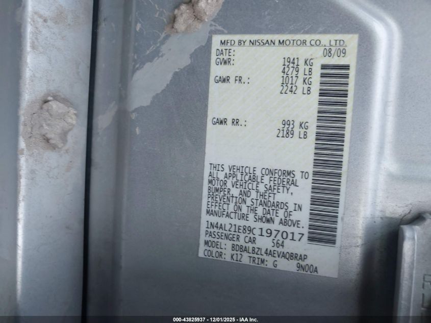 2009 Nissan Altima 2.5 S VIN: 1N4AL21E89C197017 Lot: 43825937