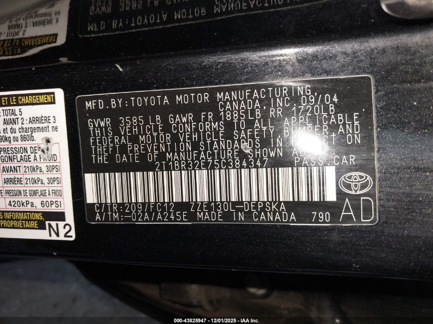 2005 Toyota Corolla S VIN: 2T1BR32E75C384347 Lot: 43825947