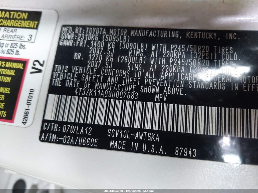 2009 Toyota Venza Base V6 VIN: 4T3ZK11A09U007683 Lot: 43825950