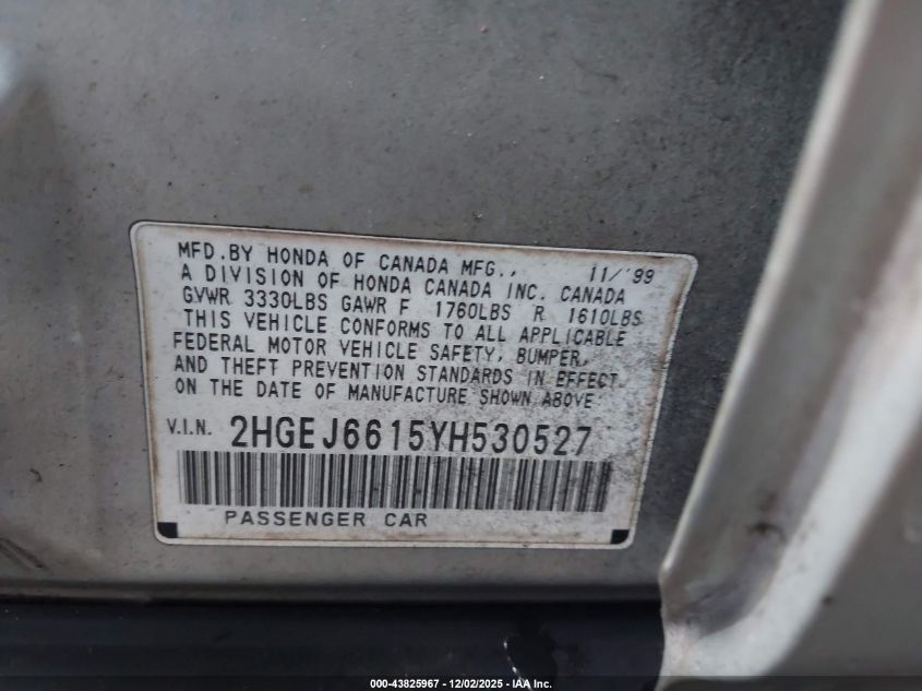 2000 Honda Civic Value Package VIN: 2HGEJ6615YH530527 Lot: 43825967