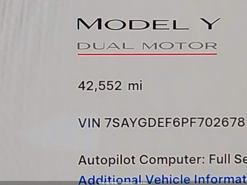 2023 Tesla Model Y Performance Dual Motor All-Wheel Drive VIN: 7SAYGDEF6PF702678 Lot: 43825969