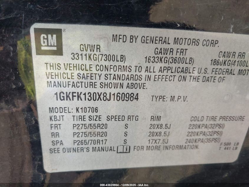 2008 GMC Yukon Slt VIN: 1GKFK130X8J160984 Lot: 43825984