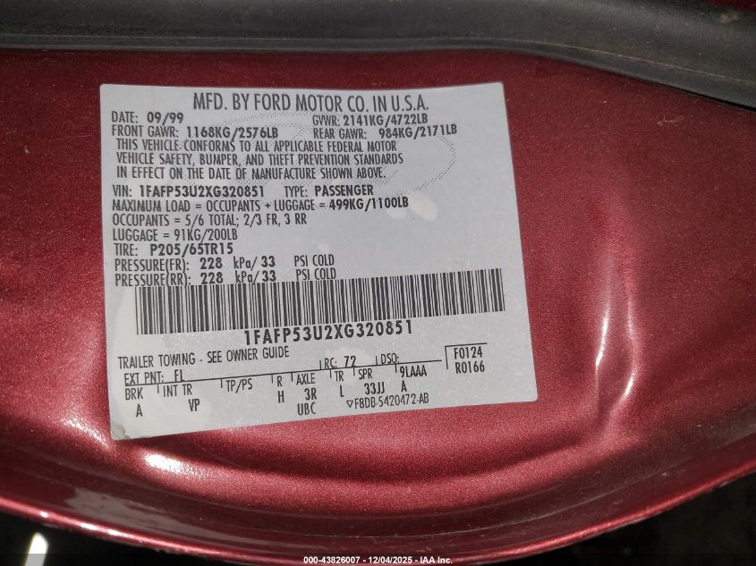 1999 Ford Taurus Se/Se-Ne VIN: 1FAFP53U2XG320851 Lot: 43826007