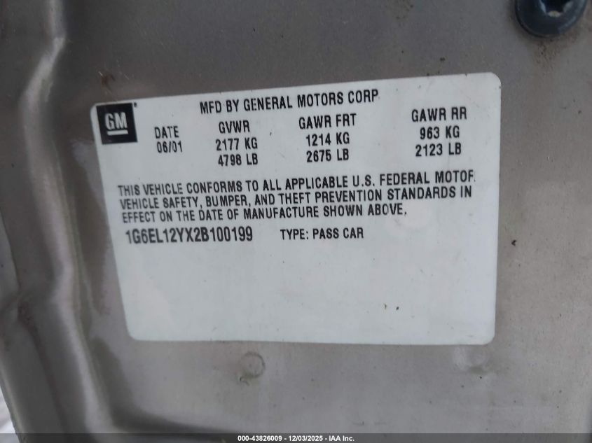 2002 Cadillac Eldorado Esc VIN: 1G6EL12YX2B100199 Lot: 43826009